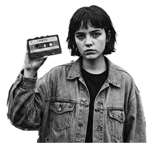 Black-and-white cutout of a person in a denim jacket holding a cassette tape toward the camera
